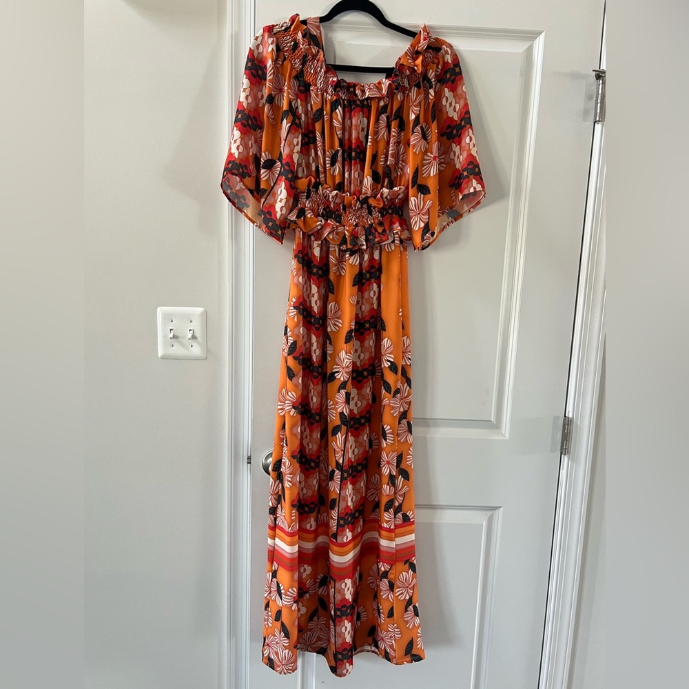 Elegant Floral Maxi Dress in Orange and Black